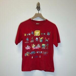 Vintage Kids Grafika Core Red Cat Print‎ T Shirt Sz kids Large Cotton Nostalgia